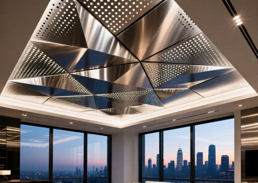 Custom aluminum ceiling design in a luxury residential penthouse with perforated brushed panels.