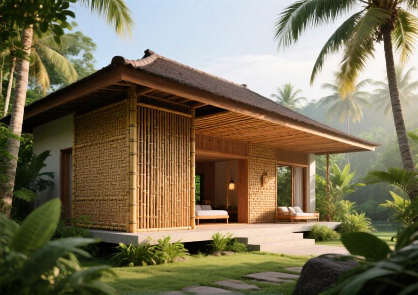 A Balinese boutique hotel featuring sustainable wood and bamboo cladding that harmonizes with the local environment and culture.