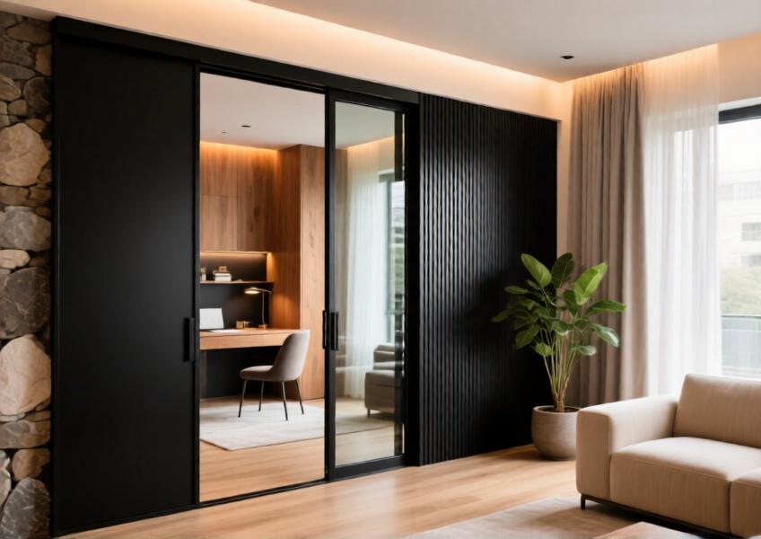 High-end residential interior with a black aluminium sliding door partition, illustrating its use in creating elegant spatial divisions.