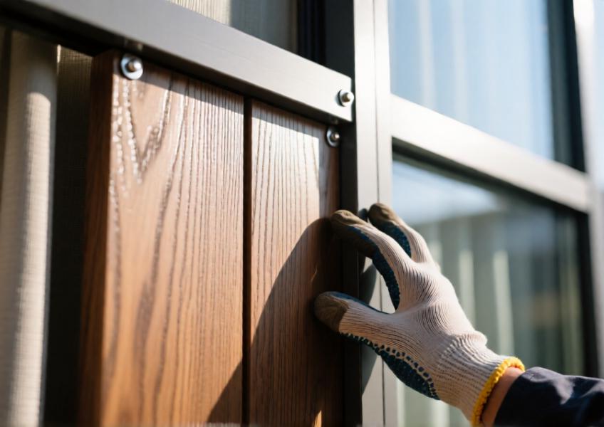 Detailed close-up of wood look aluminum cladding, illustrating its realistic wood mimicry and high-quality craftsmanship.