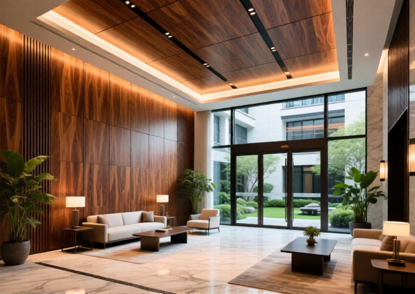 Interior space showcasing aluminium wood cladding in a premium lobby, creating a seamless transition between indoor and outdoor design.