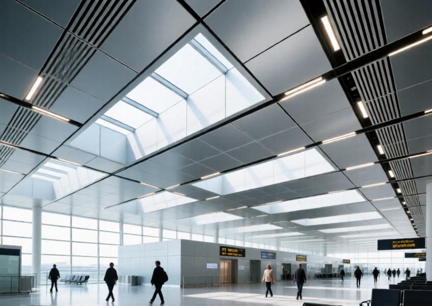 A realistic interior scene of a public transportation hub showing a large-scale aluminum ceiling system designed for both visual impact and functional performance in a high-traffic environment.
