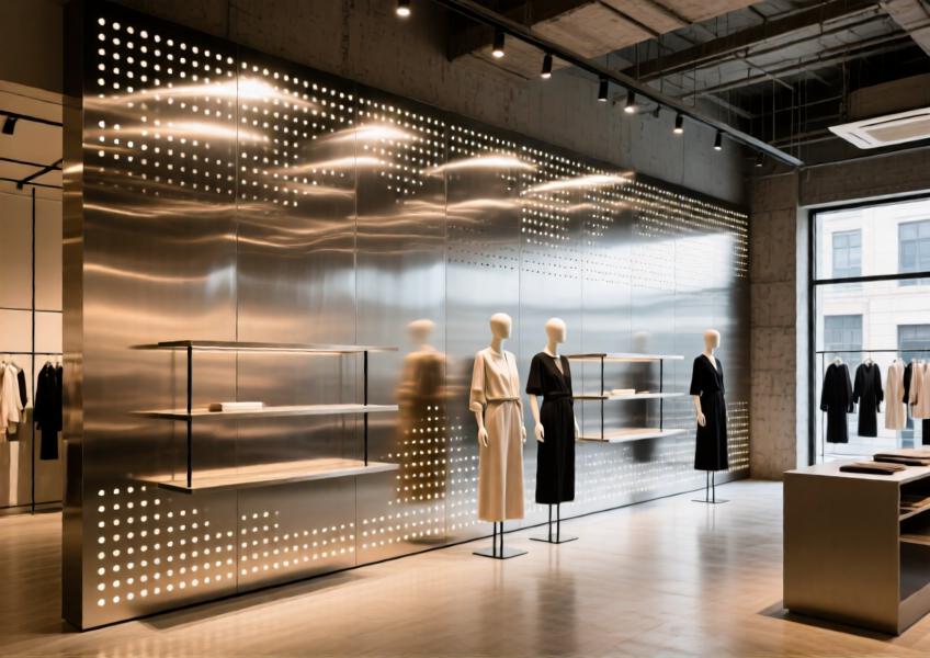 Interior retail installation using perforated aluminum cladding sheets to create a dynamic, light-diffusing feature wall in a contemporary boutique.