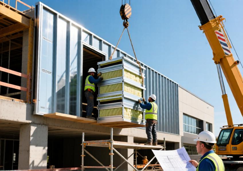 A commercial construction site demonstrating the installation of energy-efficient, modular metal cladding, emphasizing how prefabrication and technology affect labor costs and long-term savings.