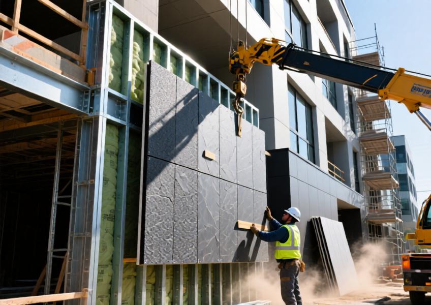 A detailed construction scene showing the installation of prefabricated cladding panels, highlighting the modularity, material quality, and technical precision of contemporary cladding systems.