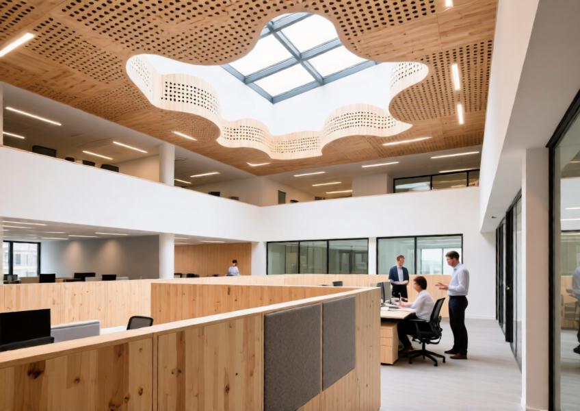 Commercial interior using perforated wood panels for acoustic optimization and spatial definition in a modern office setting.