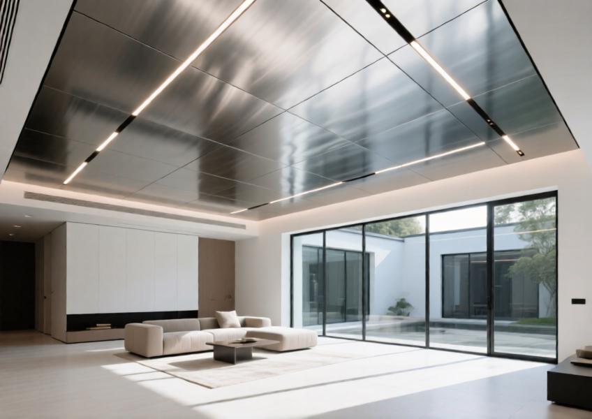 A living room with a floating aluminum ceiling that enhances architectural depth and light dynamics in a high-end residence.