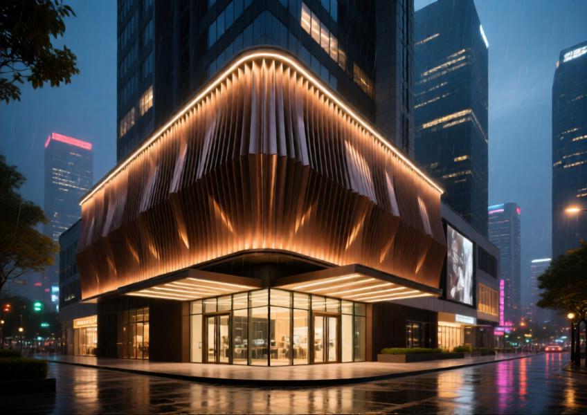 An illuminated evening scene of a real-world application of fluted wall panels on a commercial façade in a dynamic urban setting, emphasizing lighting effects and architectural integration.