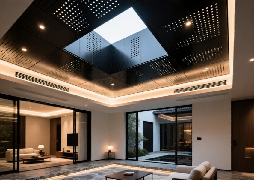 Interior ceiling design using perforated black aluminum panels in a high-end residential atrium, combining functional integration with minimalist elegance.