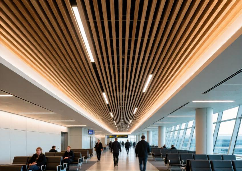 Durable and elegant aluminum wood slats used in a high-traffic airport lounge, emphasizing performance and aesthetic continuity.