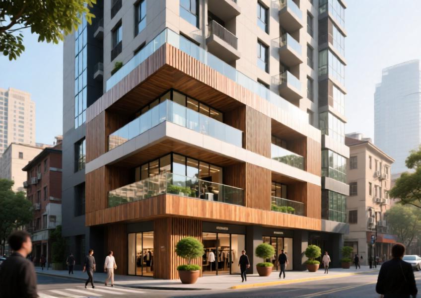 A modern mixed-use development in Shanghai utilizing aluminum wood cladding for unified, durable, and elegant exterior design.