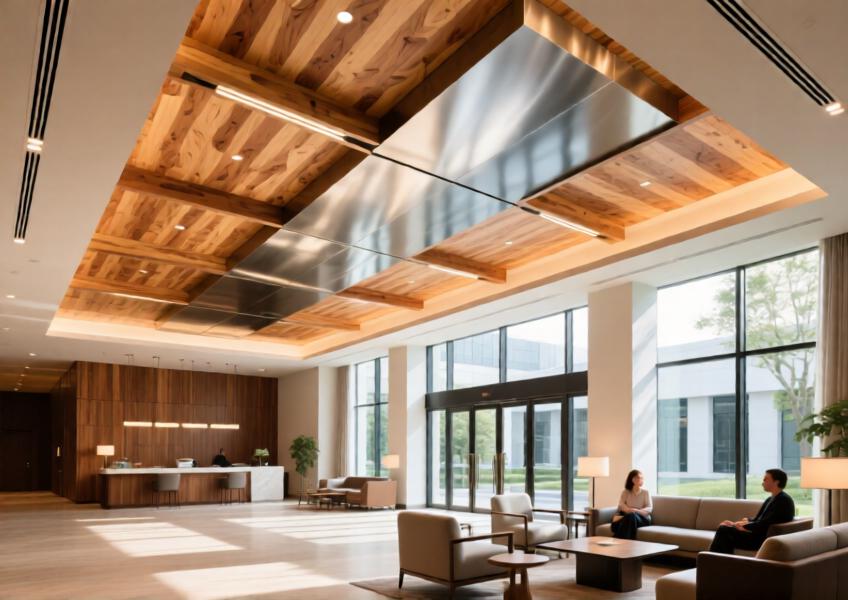 Interior commercial space showcasing wood look aluminium in a large-scale ceiling application, combining elegance and functionality.