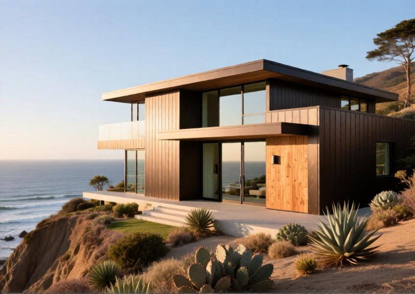 Modern residential villa using aluminum plank siding in a coastal setting, blending contemporary style with environmental integration