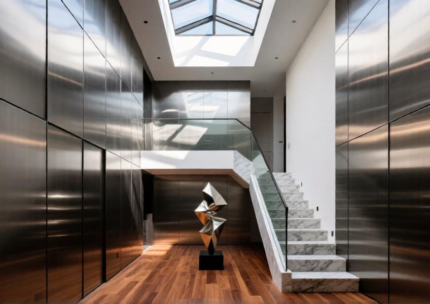 A luminous residential atrium where custom steel cladding interacts with natural light and warm materials like wood and stone, creating a balanced, elegant interior.