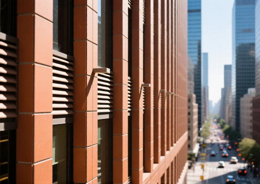 Detailed view of a sustainable terracotta cladding system with built-in sunshading, illustrating the fusion of traditional aesthetics and modern environmental performance in a dense urban setting.