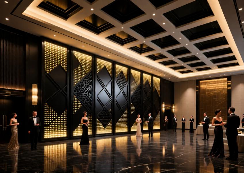 Luxury hotel ballroom with a decorative black aluminum feature wall, highlighting customization through laser-cut design and ambient illumination.