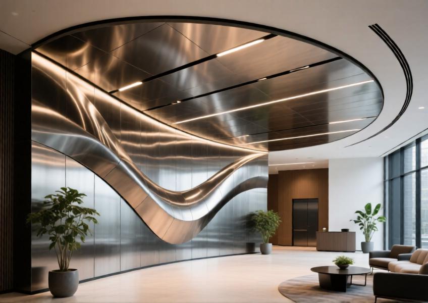 Luxurious interior space using custom sheet metal for both wall and ceiling features, combining modern design with functional sophistication.