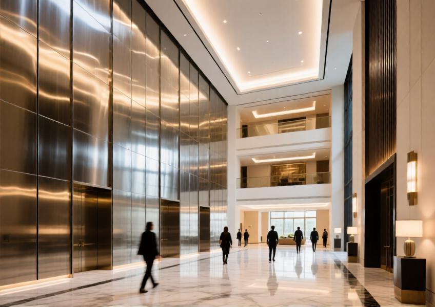 An interior view of a Dubai hotel atrium with brushed stainless steel cladding enhancing light and modernity, illustrating the use of metal in high-end commercial interiors for both beauty and resilience.