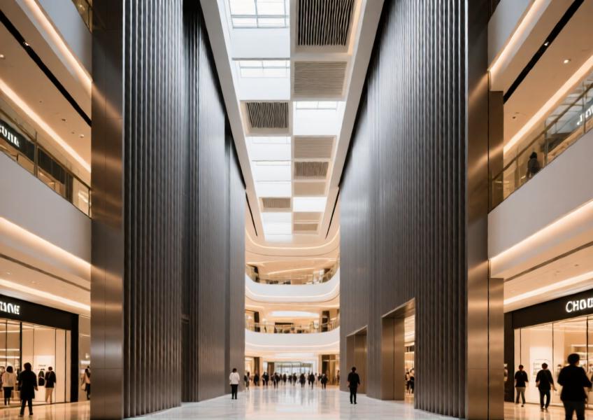 Interior atrium of a retail space with vertically fluted aluminum panels enhancing spatial perception and acoustics, demonstrating their application in commercial interiors.