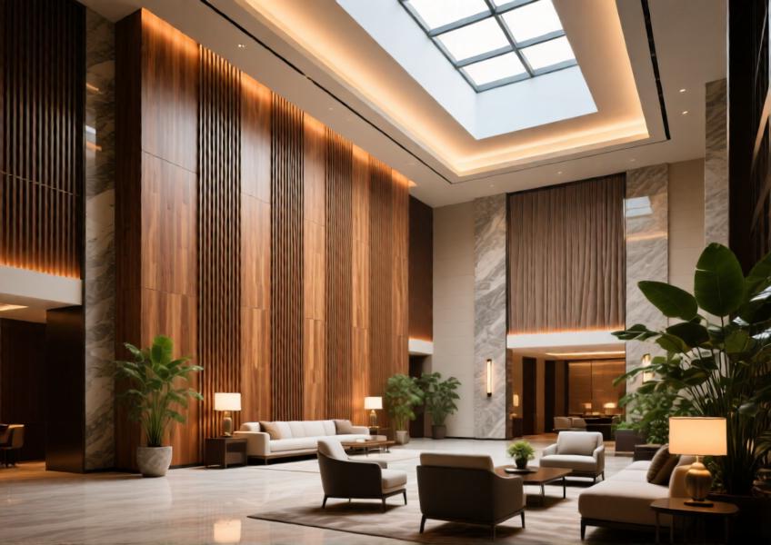 Interior application of prefinished cladding in a high-end public space, combining visual elegance with functional performance in a luxury hospitality environment.