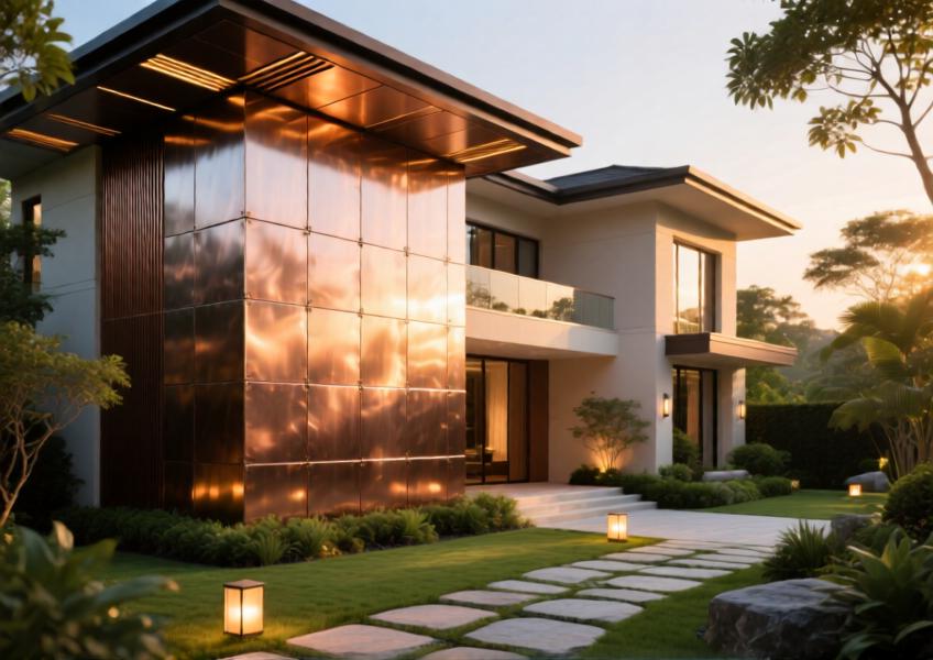 A private villa showcasing hand-finished metal cladding, demonstrating the use of premium materials and craftsmanship that contribute to higher metal cladding prices in luxury homes.