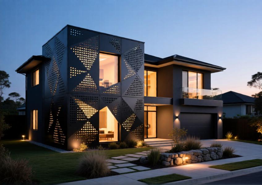 An artistic yet realistic depiction of a high-end home using customized perforated metal siding for aesthetic expression, light control, and privacy.