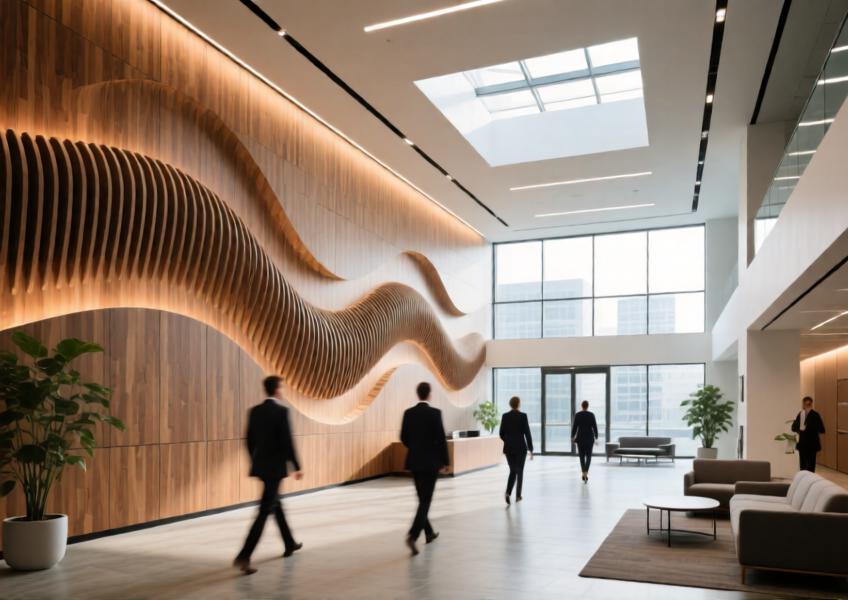 Interior view of a corporate lobby featuring decorative and functional wall panel systems used for acoustic control and visual appeal.
