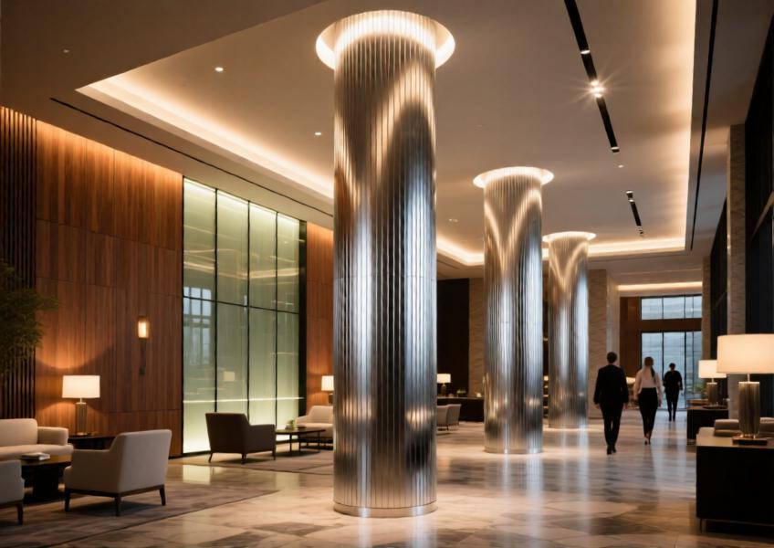 Luxury hotel interior with brushed aluminium-clad columns, demonstrating integration with high-end finishes and ambient lighting.