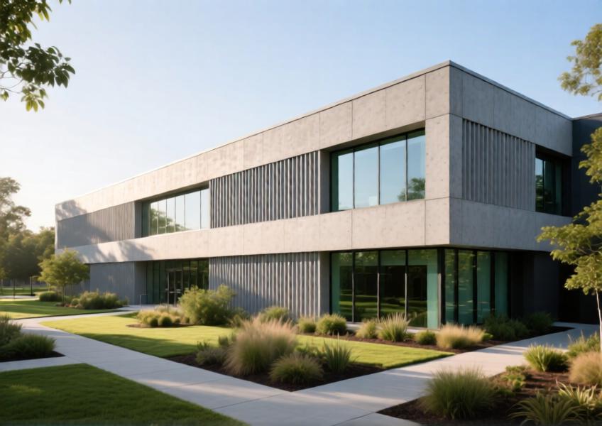 Horizontal fluted panels used to stabilize and ground a commercial building, integrated with landscaping and natural materials.