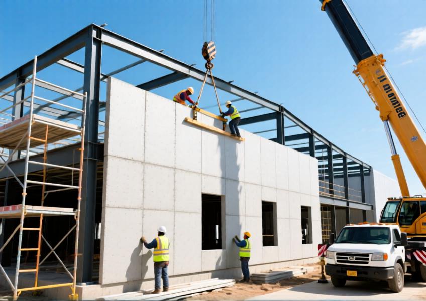 On-site installation of modular exterior wall panels demonstrating construction efficiency and precision engineering.