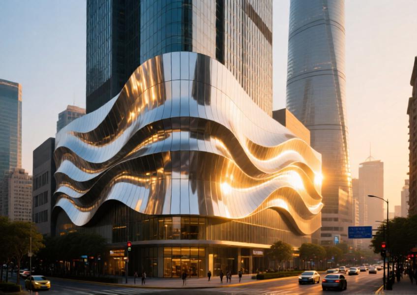 Aluminum composite rainscreen cladding forming a sculptural, light-responsive façade on a commercial building in Shanghai.