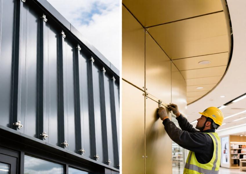 Detailed cross-section view illustrating the dual application and concealed fastening system of standing seam aluminium cladding, highlighting durability, adaptability, and design cohesion.