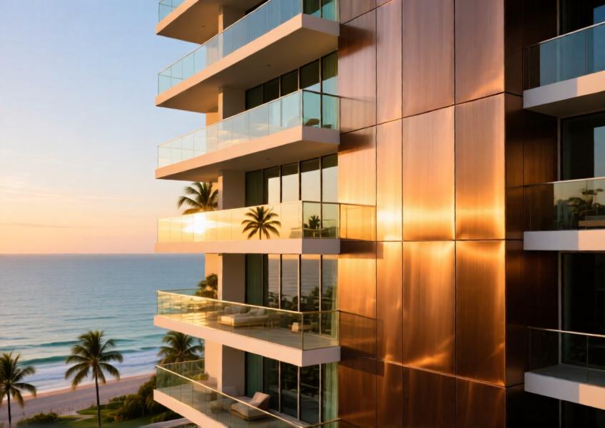 An elegant residential tower illustrating how metal wall siding contributes to a modern, luxurious aesthetic in a high-end coastal setting.