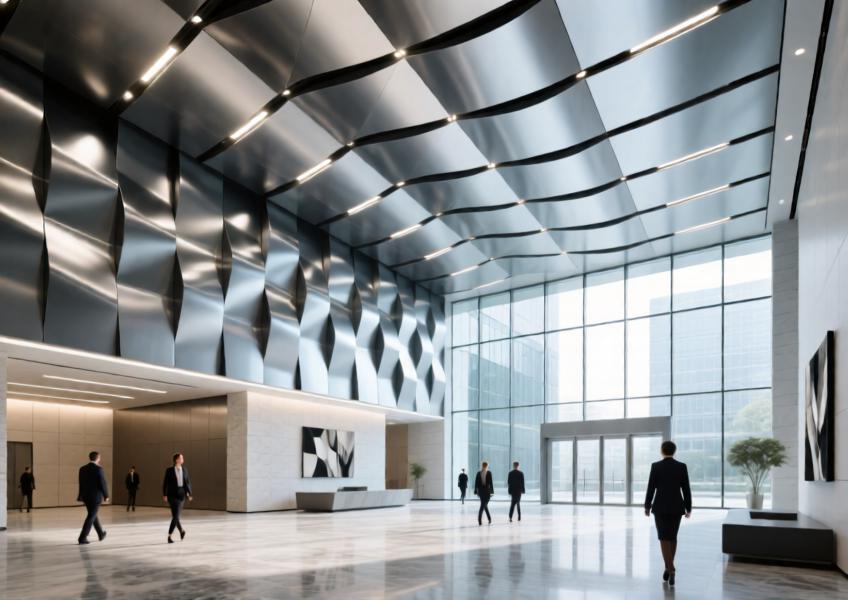 Modern corporate lobby featuring custom-formed aluminum ceiling panels in a geometric layout, combining elegance and functionality.