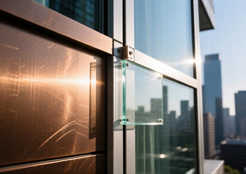 Detailed view of an aluminum panel in a curtain wall assembly, highlighting material quality, finish, and integration with glazing.