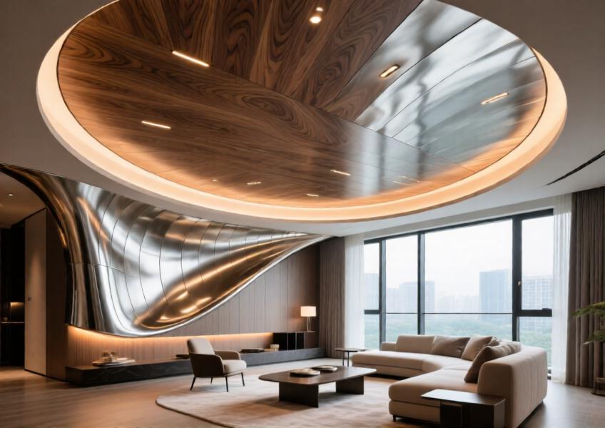 Interior scene of a luxury living area with a curved ceiling covered in aluminum wood panels, demonstrating their application in high-end residential interior design.