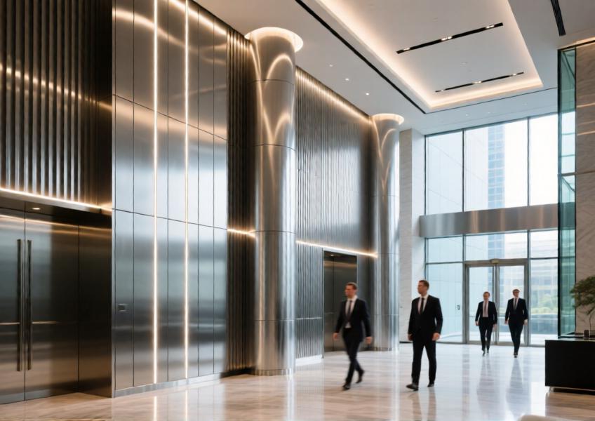Interior scene highlighting aluminum cladding in a high-end lobby, combining functionality, modern design, and seamless integration with lighting and architectural elements.