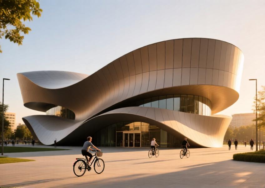 Architecturally daring public building using advanced cladding technology to achieve complex curves and sustainable design in a welcoming urban space.