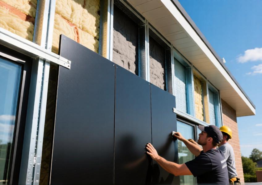 Detailed construction scene demonstrating the installation process and technical integration of black dibond sheets in modern curtain wall systems.