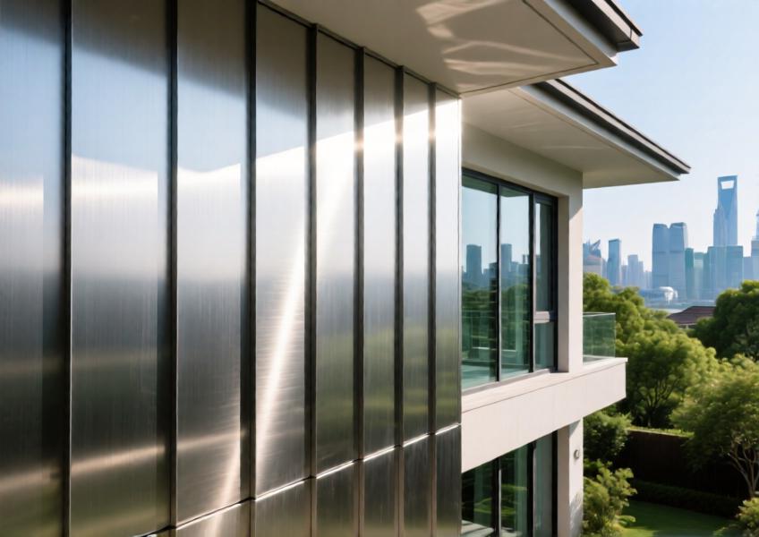 A detailed, realistic image focusing on the materiality and light interaction of metal clad siding on a real-world residential project in Shanghai.