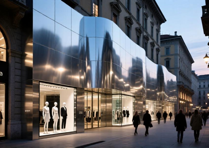 High-end retail building with reflective steel cladding integrating modern design into a classic urban context.