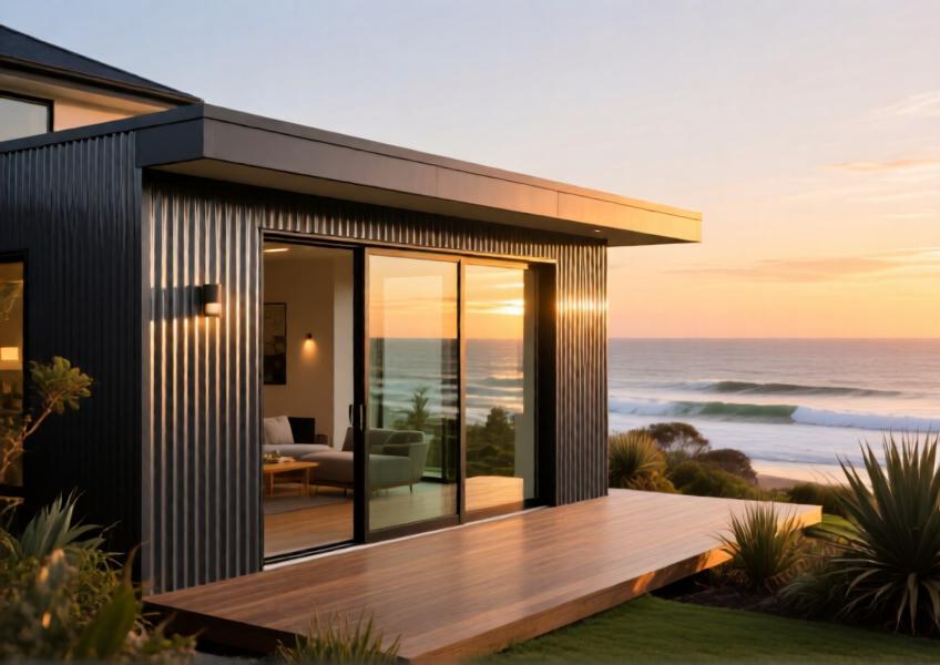 Coastal residential home with corrosion-resistant corrugated metal cladding and seamless indoor-outdoor integration.