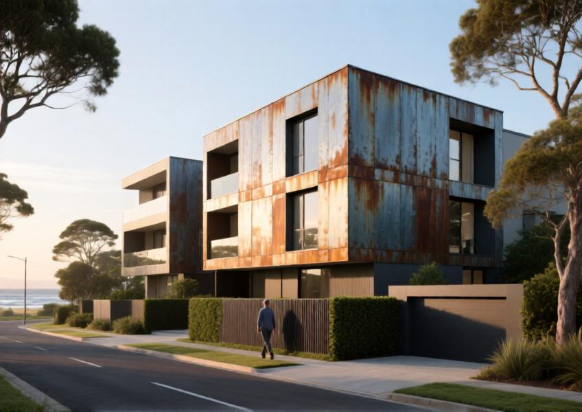 A boutique residential building using zinc cladding that ages gracefully, combining aesthetic elegance with noise reduction and durability in a coastal environment.