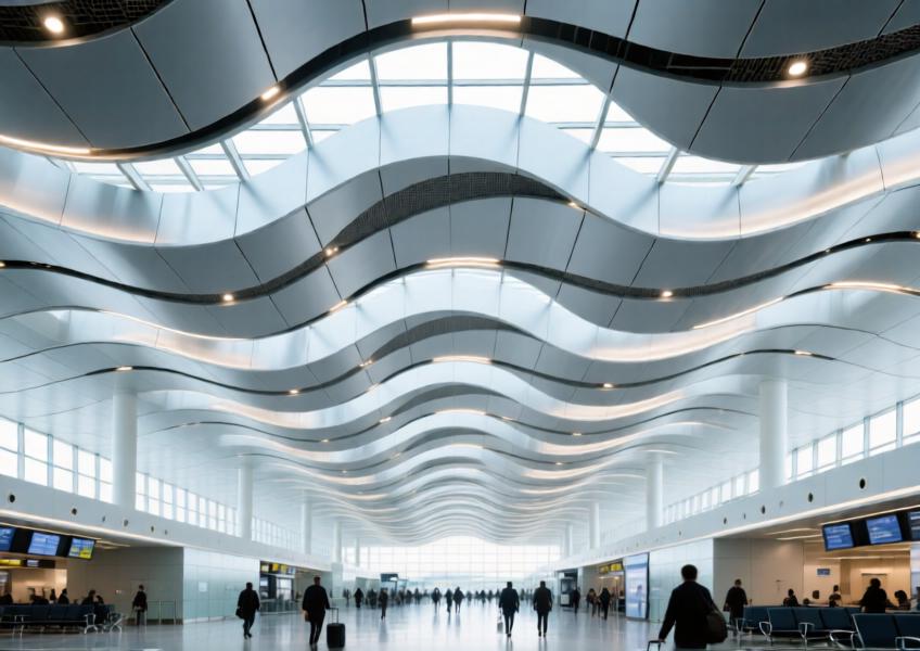 Interior view of a large public space with a sophisticated metal ceiling system designed for acoustic performance and visual harmony.