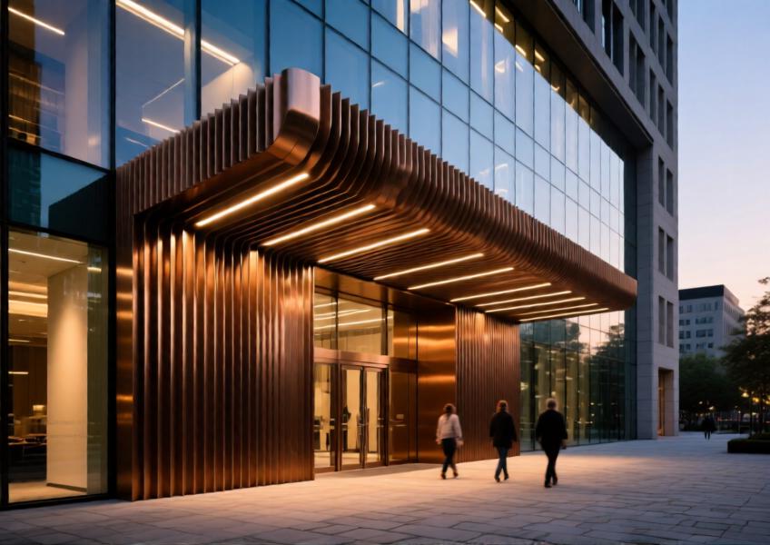 Dramatic evening scene of a commercial façade using fluted panels as a sculptural design element, emphasizing lighting effects and architectural prominence.