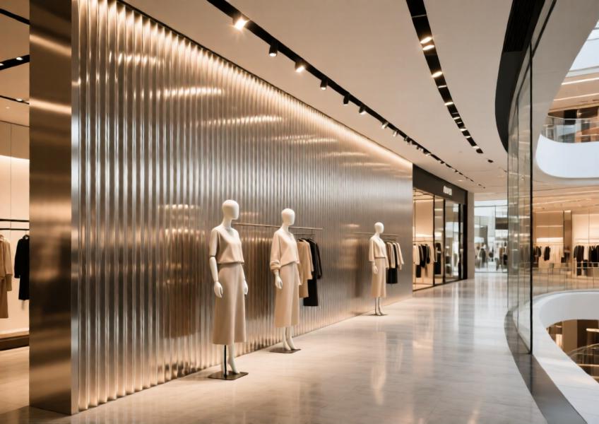 Interior of a high-end retail store using anodized aluminium fluted panels to enhance spatial aesthetics through light and texture.