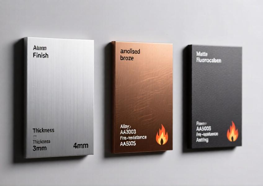 Detailed comparison of different aluminium cladding sheet types showing finishes, thicknesses, and technical labels for professional reference.