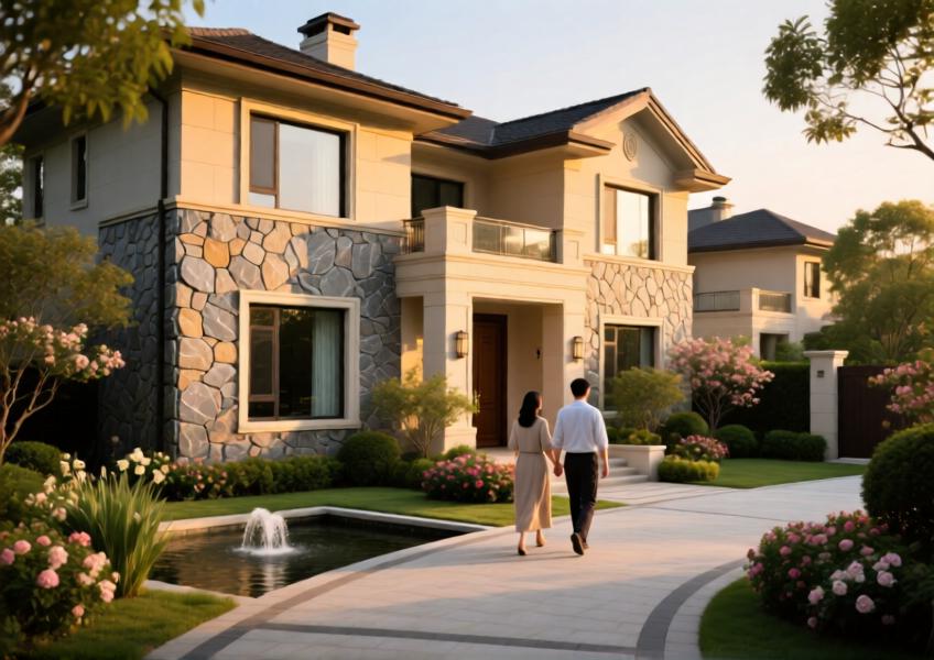 Luxury villa with stone-look exterior wall panels offering aesthetic elegance and low maintenance in a residential setting.