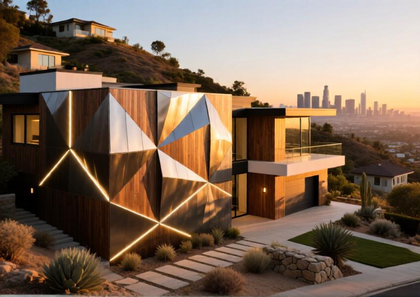 A high-end residential villa with textured aluminum siding that blends natural aesthetics with modern technology, illuminated during golden hour to emphasize design sophistication.