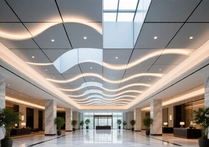 Interior ceiling installation using painted aluminum sheets in a public space, emphasizing design flexibility, integration with lighting, and elegant finish.